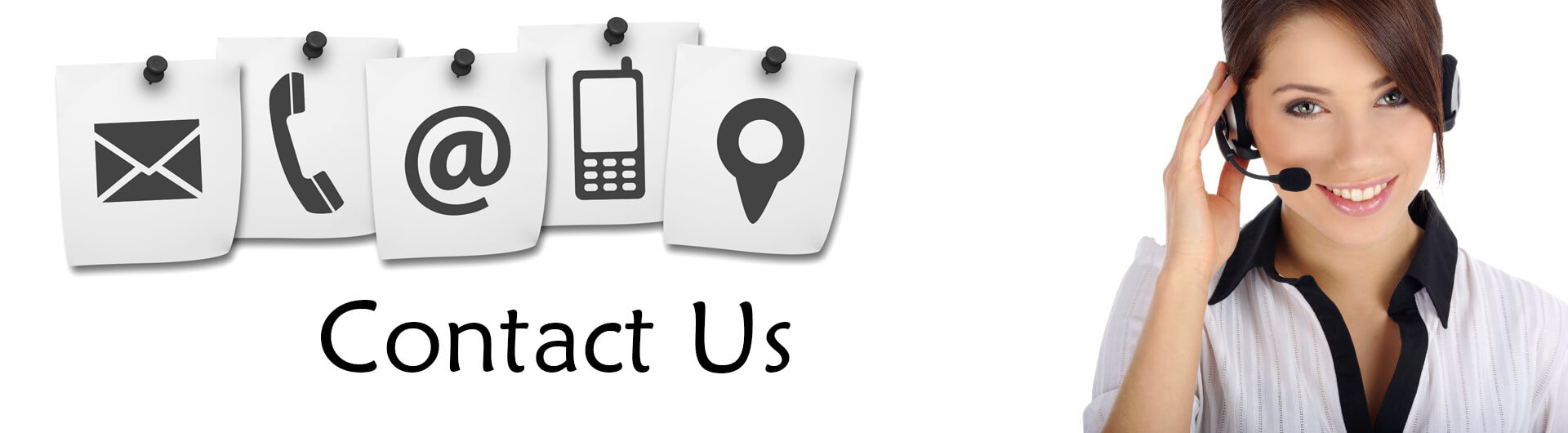 Contact Us Banner - Icons of Contact Methods, Phone Operator Standing By on Right Side