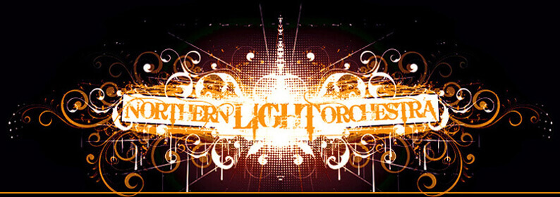 Fanciful Render of Northern Light Orchestra sign with filigree and lights.